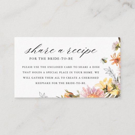 Carte D'accompagnement Rustic Wildflower Bee Bridal Shower Recipe Request (Devant)