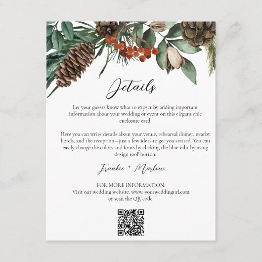 Carte D'accompagnement Rustic Winter Greenery Détails du Mariage QR Websi (Devant)
