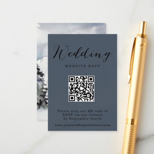 Carte D'accompagnement Rustic Winter Mountain Code QR Réponse du Mariage (Devant/Arrière en situation)