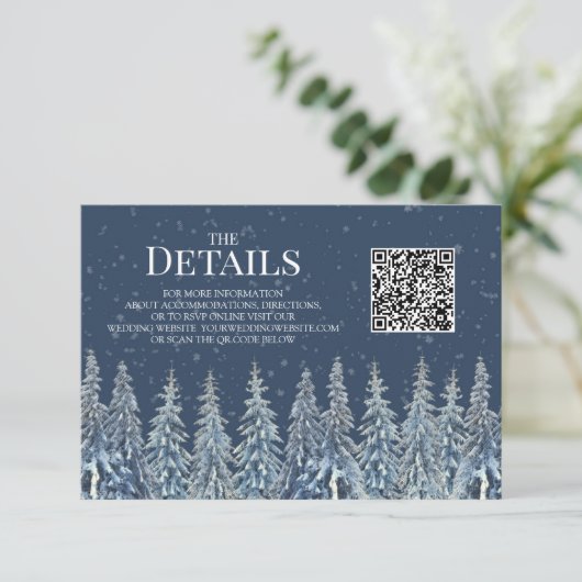 Carte D'accompagnement Rustic Winter Woods Wedding QR code Details Insert (Debout devant)