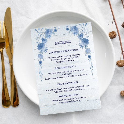 Carte D'accompagnement Rustic Wood  Blue Floral Elegant Wedding 