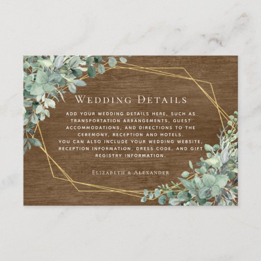 Carte D'accompagnement Rustic Wood Eucalyptus Gold Détails du Mariage (Devant)