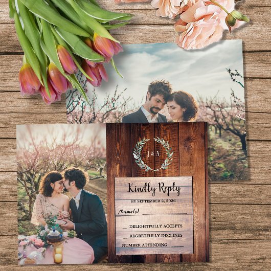 Carte D'accompagnement Rustic wood monogram photo Wedding budget RSVP