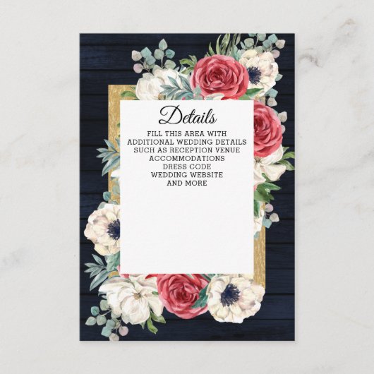 Carte D'accompagnement Rustic Wood Navy Burgundy Gold Floral Mariage (Devant)