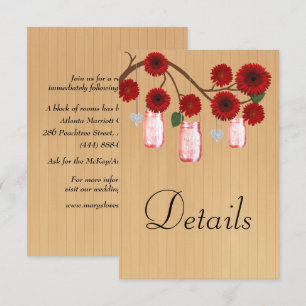 Carte D'accompagnement Rustic Wood Red Floral Mason Jar Détails du Mariag