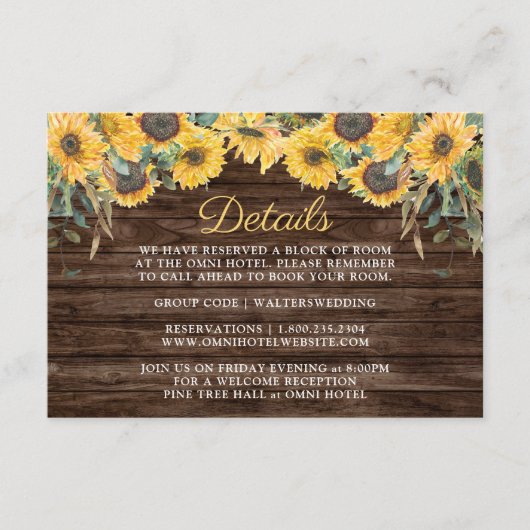 Carte D'accompagnement Rustic Wood Sunflower Grange Détails Mariage (Devant)