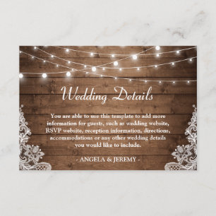 Carte D'accompagnement Rustic Wood Twinkle Lights Lace Détails du Mariage