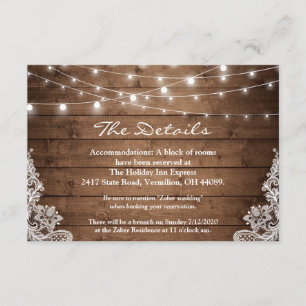 Carte D'accompagnement Rustic Wood Twinkle Lights Lace Détails du Mariage