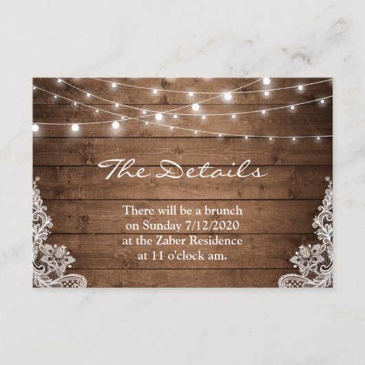 Carte D'accompagnement Rustic Wood Twinkle Lights Lace Détails du Mariage (Devant)