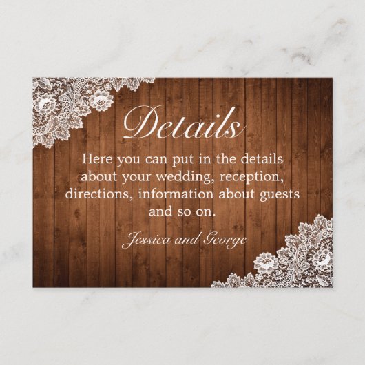 Carte D'accompagnement Rustic Wood & White Lace Détails du Mariage (Devant)