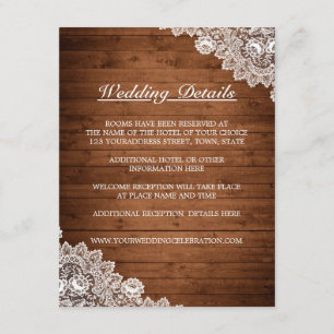 Carte D'accompagnement Rustic Wood & White Lace Détails du Mariage