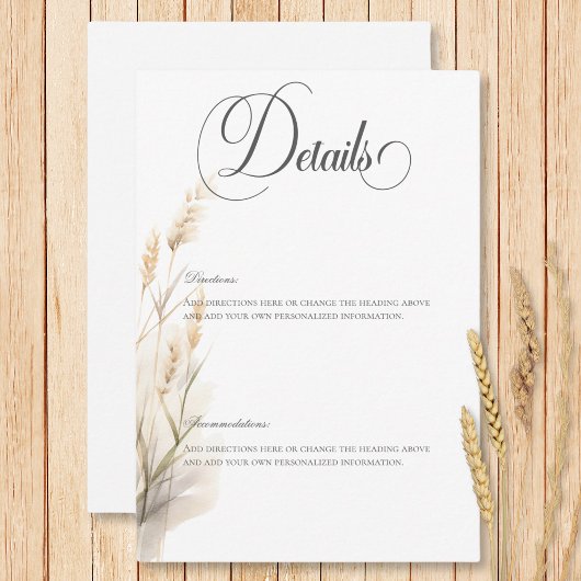 Carte D'accompagnement Rustique Boho séché Tan Grass Détails du Mariage