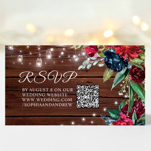Carte D'accompagnement Rustique Bois Bourgogne Floral Lumières Mariage QR