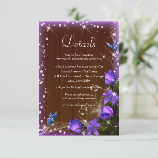 Carte D'accompagnement Rustique Bois foncé violet Mariage Floral Détails (Debout devant)
