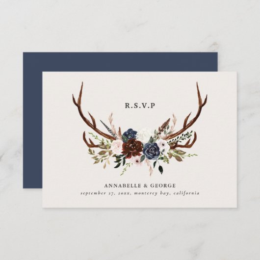 Carte D'accompagnement Rustique bordeaux mariage botanique floral (Devant / Derrière)