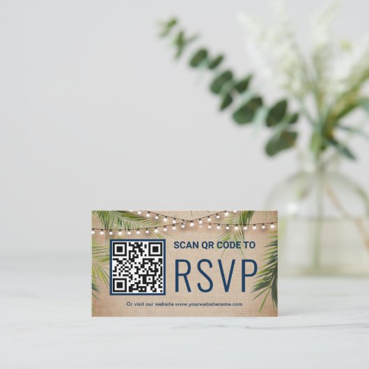 Carte D'accompagnement Rustique Burlap Tropical Palm QR Code RSVP Mariage (Debout devant)