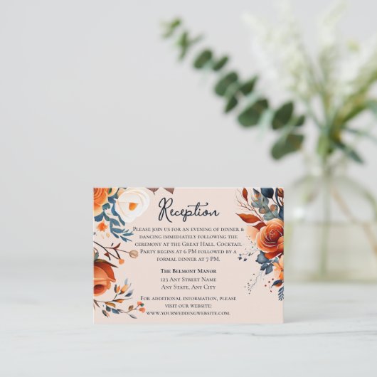 Carte D'accompagnement Rustique Burnt Orange and Blue Wedding Réception (Debout devant)