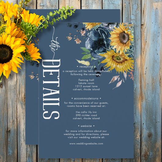 Carte D'accompagnement Rustique Dusty Blue Sunflowers Détails du Mariage