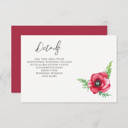 Carte D'accompagnement Rustique Elegant Aquarelle Script Red Poppy Mariag (Devant / Derrière)