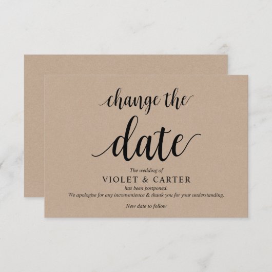 Carte D'accompagnement Rustique Kraft, Noir, Mariage postpone, modifiable (Devant / Derrière)