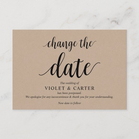 Carte D'accompagnement Rustique Kraft, Noir, Mariage postpone, modifiable (Devant)