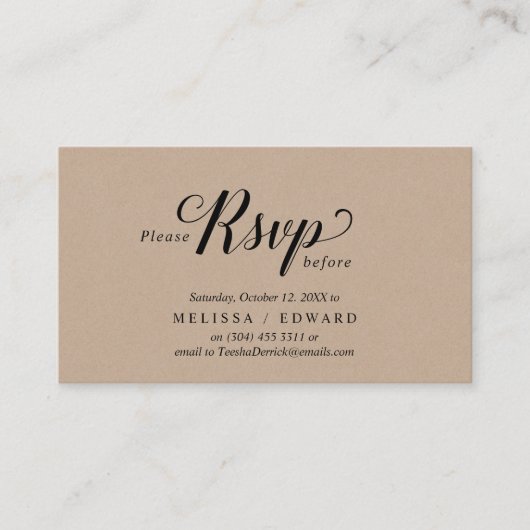 Carte D'accompagnement Rustique Kraft, Script noir, réponse RSVP (Devant)