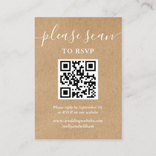 Carte D'accompagnement Rustique Kraft Script RSVP QR Code photo (Devant)