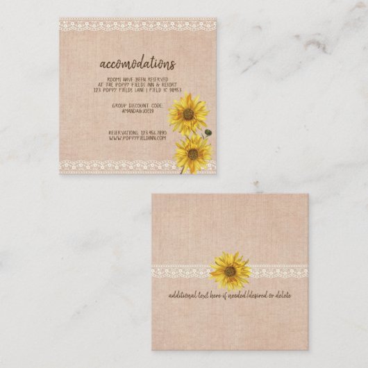 Carte D'accompagnement Rustique Lace & Burlap Sunflowers Mariage Hotel (Devant / Derrière)
