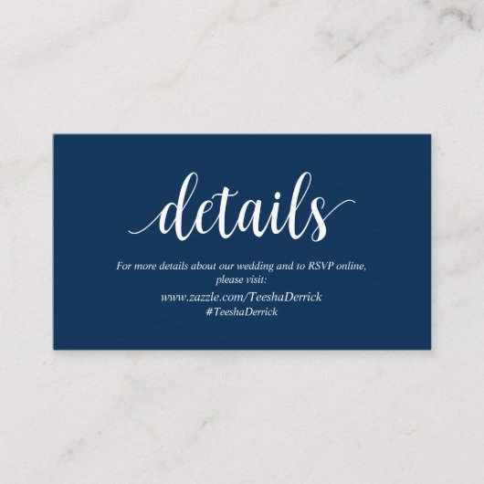 Carte D'accompagnement Rustique moderne, bleu marine, détails Mariages (Devant)