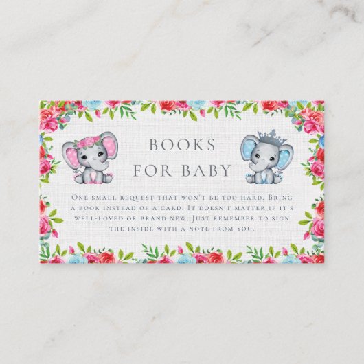 Carte D'accompagnement Rustique rose & bleu éléphant Roses Livres pour bé (Devant)