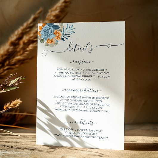 Carte D'accompagnement Rustique Terracotta Blue Flower Détails du Mariage