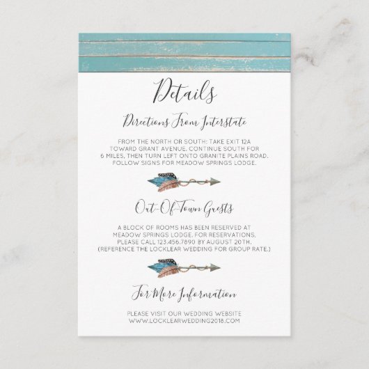 Carte D'accompagnement Rustique Turquoise Bois Détails / Directions (Devant)