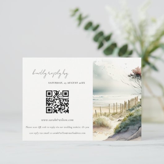 Carte D'accompagnement Sable côtier Plage Mariage QR Code RSVP (Debout devant)