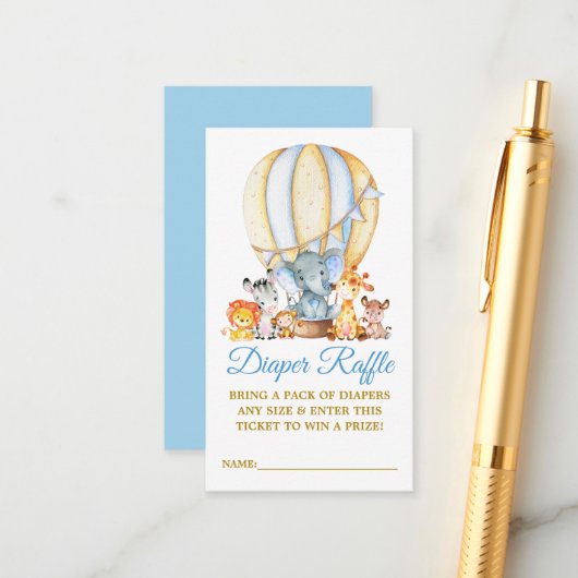 Carte D'accompagnement Safari Animaux Blue Balloon Diaper Raffle Douche (Devant/Arrière en situation)