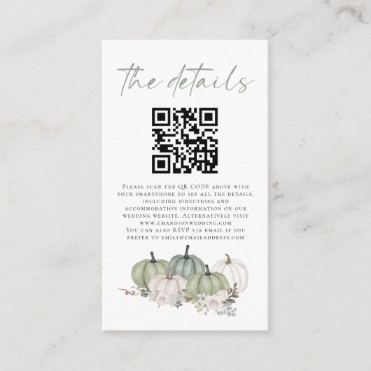Carte D'accompagnement Sage Citrouille Florals QR Code Détails du Mariage (Devant)