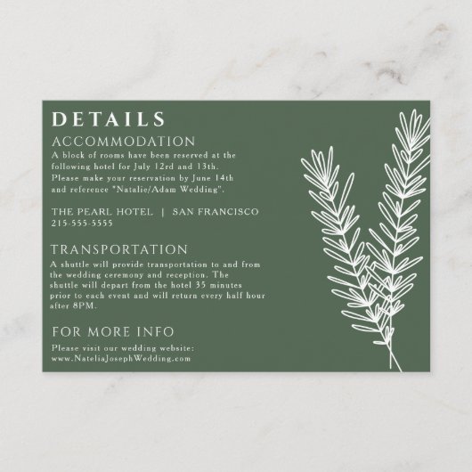 Carte D'accompagnement Sage Emerald Green Floral Boho Détails du Mariage (Devant)
