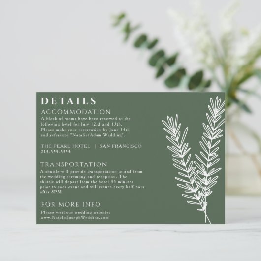Carte D'accompagnement Sage Emerald Green Floral Boho Détails du Mariage (Debout devant)