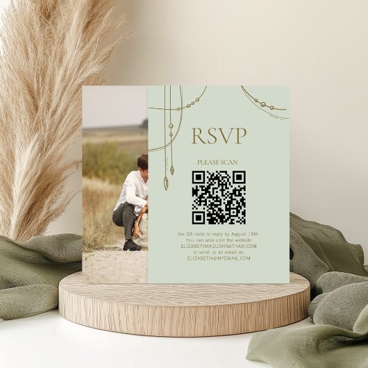 Carte D'accompagnement Sage Green Boho Drapé Mariage perlé QR Code RSVP