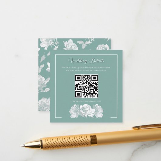 Carte D'accompagnement Sage Green Calligraphy QR Info Wedding (Devant/Arrière en situation)