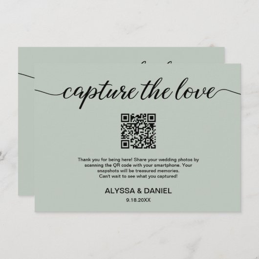 Carte D'accompagnement Sage Green Capture l'amour Code QR mariage photo (Devant / Derrière)