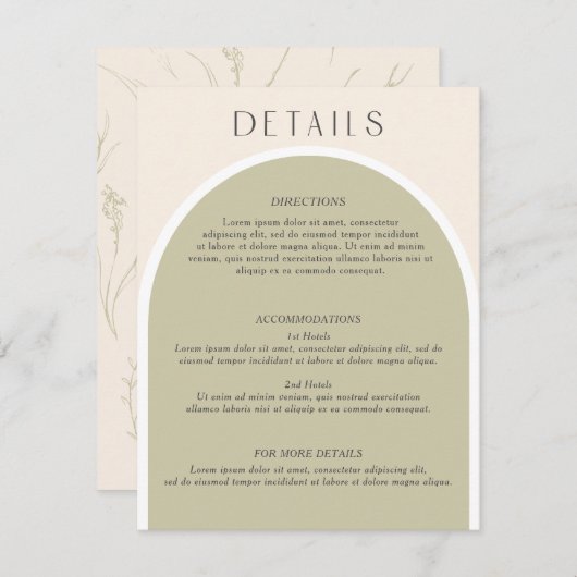 Carte D'accompagnement Sage Green Design moderne arche Mariage détails dé (Devant / Derrière)