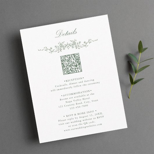 Carte D'accompagnement Sage Green Elegant Floral QR Code Détails du Maria