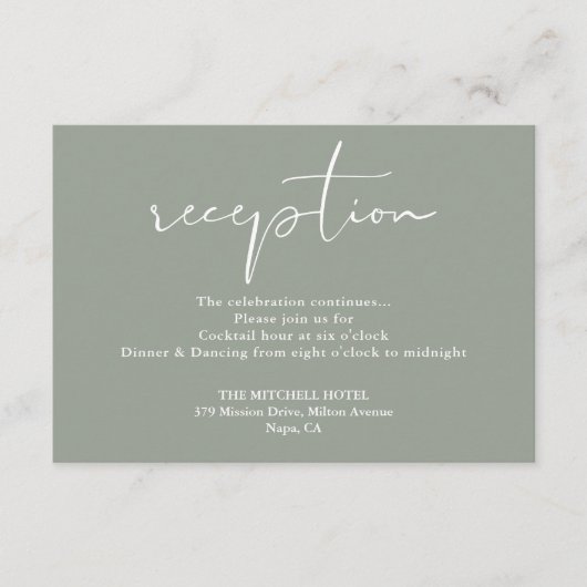 Carte D'accompagnement Sage Green Élégant Script Mariage Réception (Devant)