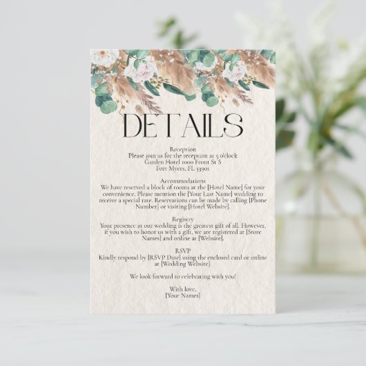 Carte D'accompagnement Sage Green Eucalyptus Pampas Grass Rose Mariage (Debout devant)