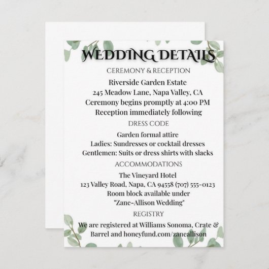 Carte D'accompagnement Sage Green Eucalyptus Wedding Info Card (Devant / Derrière)