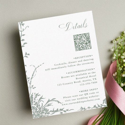 Carte D'accompagnement Sage Green Floral Garden Wedding QR Code Details