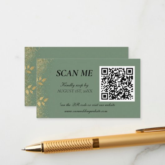 Carte D'accompagnement Sage Green Gold Wedding QR Code RSVP (Devant/Arrière en situation)