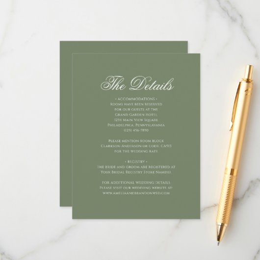 Carte D'accompagnement Sage Green Leaf Monogram Crest Détails du Mariage (Devant/Arrière en situation)