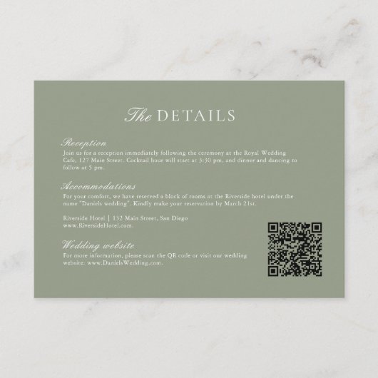 Carte D'accompagnement Sage Green Leaf Monogram Mariage QR Code Détails (Devant)