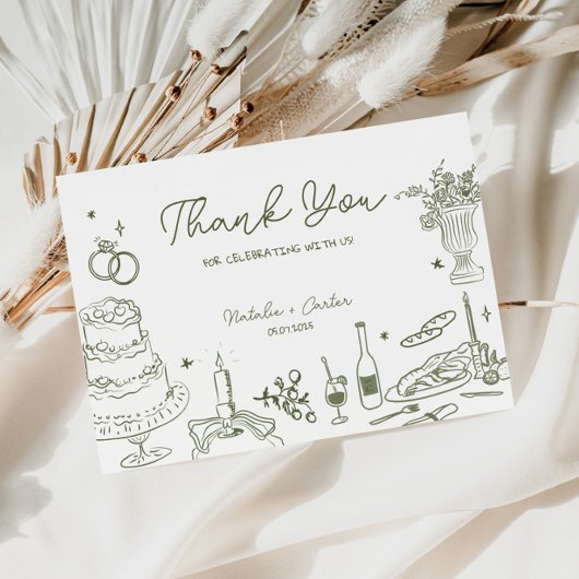 Carte D'accompagnement Sage Green main tiré Merci Mariage Whimsical